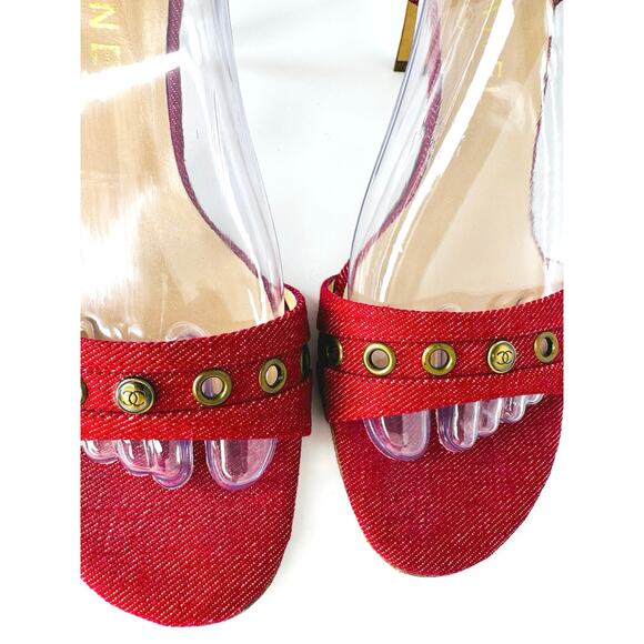 Vintage Chanel Red Canvas Sandals Heels IT 39  Grommet Ankle Strap CC Logo - Picture 2 of 12